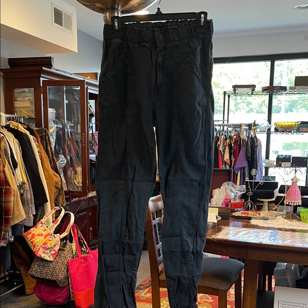 MOTHER Springy Ankle Pants Black Wash Size 24 Elastic Waist Oversized Pockets